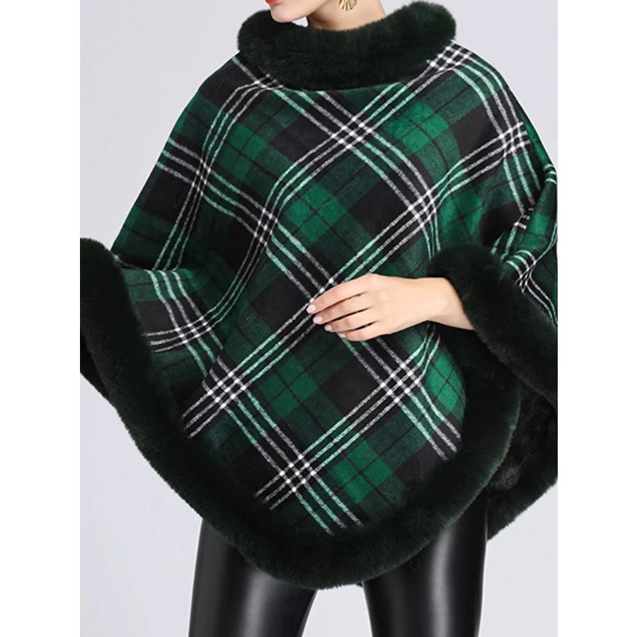 Plaid Faux Fur Trimmed Poncho Cape Outerwear Dark Green-Plaid / One Size Apparel and Accessories