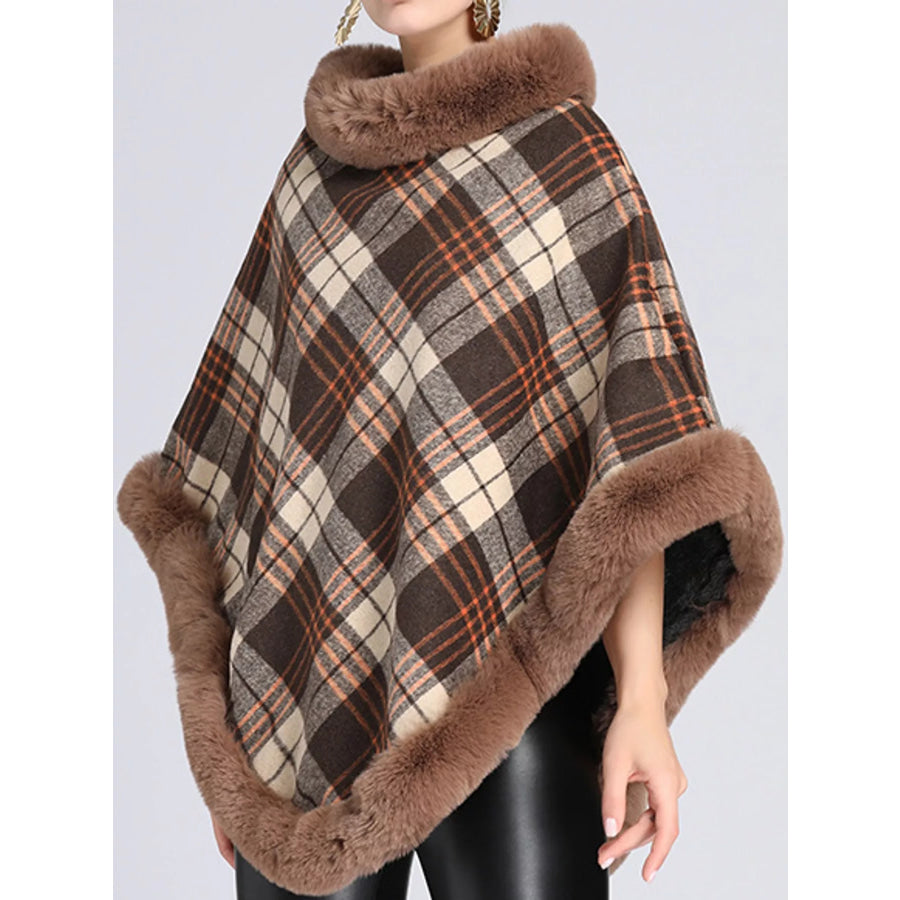 Plaid Faux Fur Trimmed Poncho Cape Outerwear Khaki-Plaid / One Size Apparel and Accessories