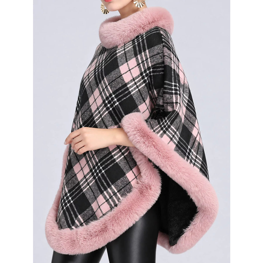 Plaid Faux Fur Trimmed Poncho Cape Outerwear Pink-Plaid / One Size Apparel and Accessories