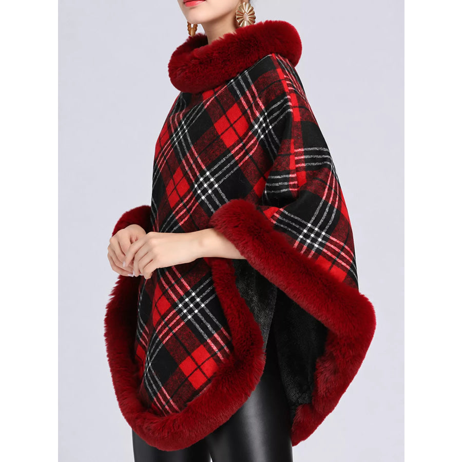 Plaid Faux Fur Trimmed Poncho Cape Outerwear Red-Plaid / One Size Apparel and Accessories