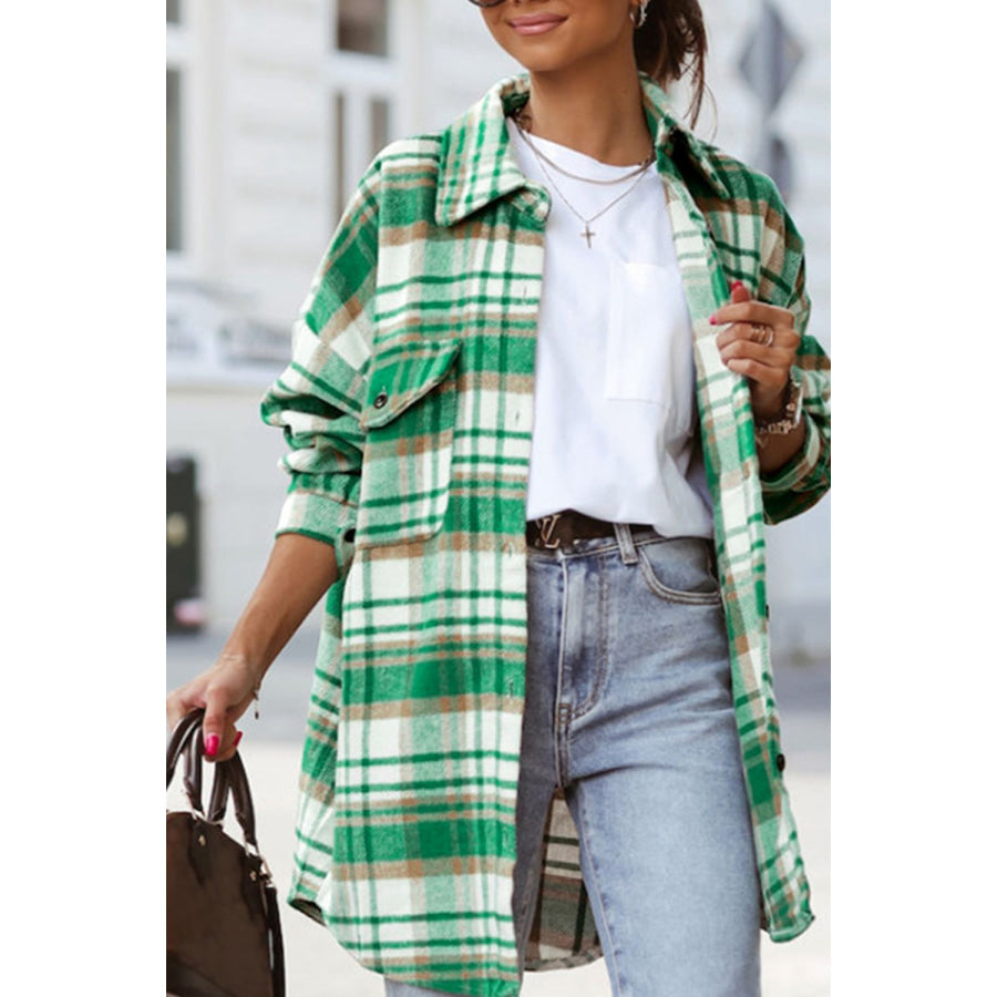 Plaid Flap Pocket Long Sleeve Shacket Green / S Apparel and Accessories