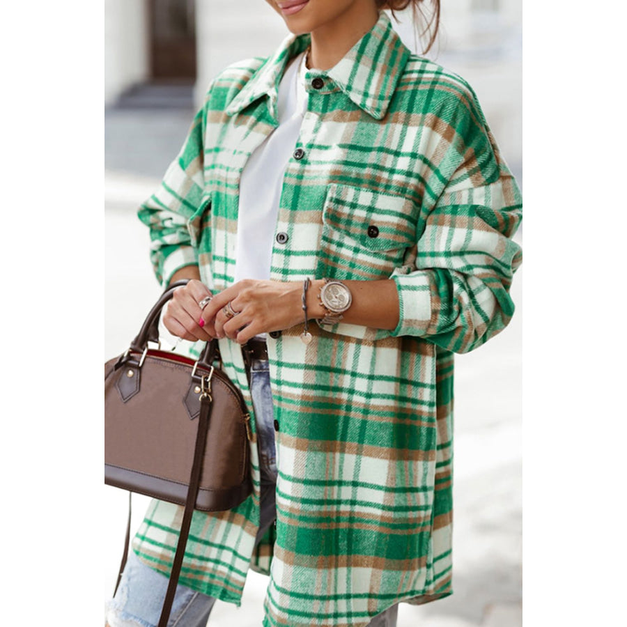 Plaid Flap Pocket Long Sleeve Shacket Green / S Apparel and Accessories