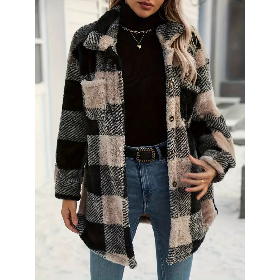 Plaid Fleece Button-Down Outerwear Black / S Apparel and Accessories