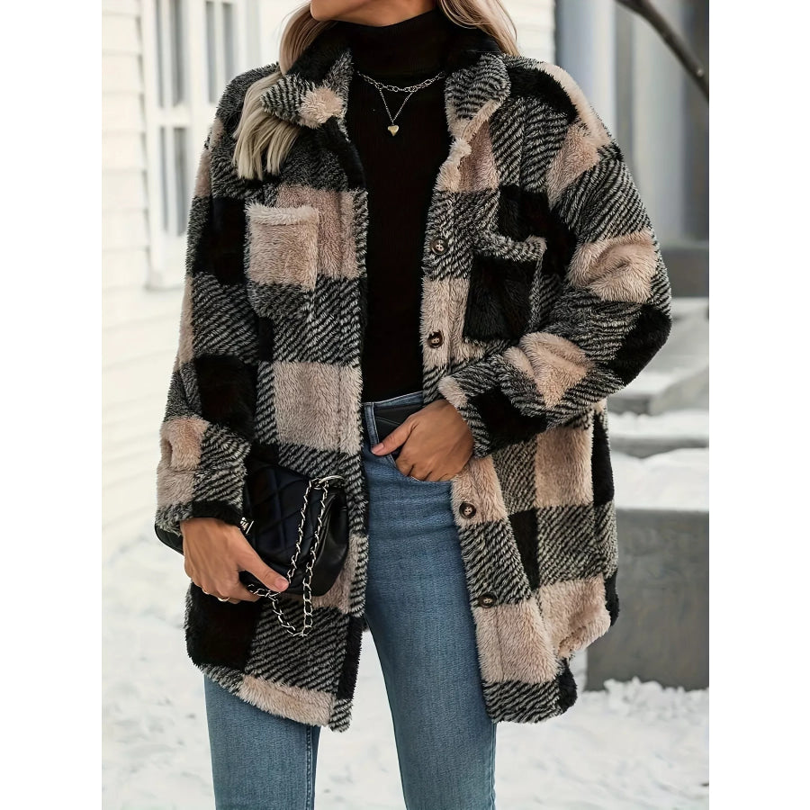 Plaid Fleece Button-Down Outerwear Black / S Apparel and Accessories