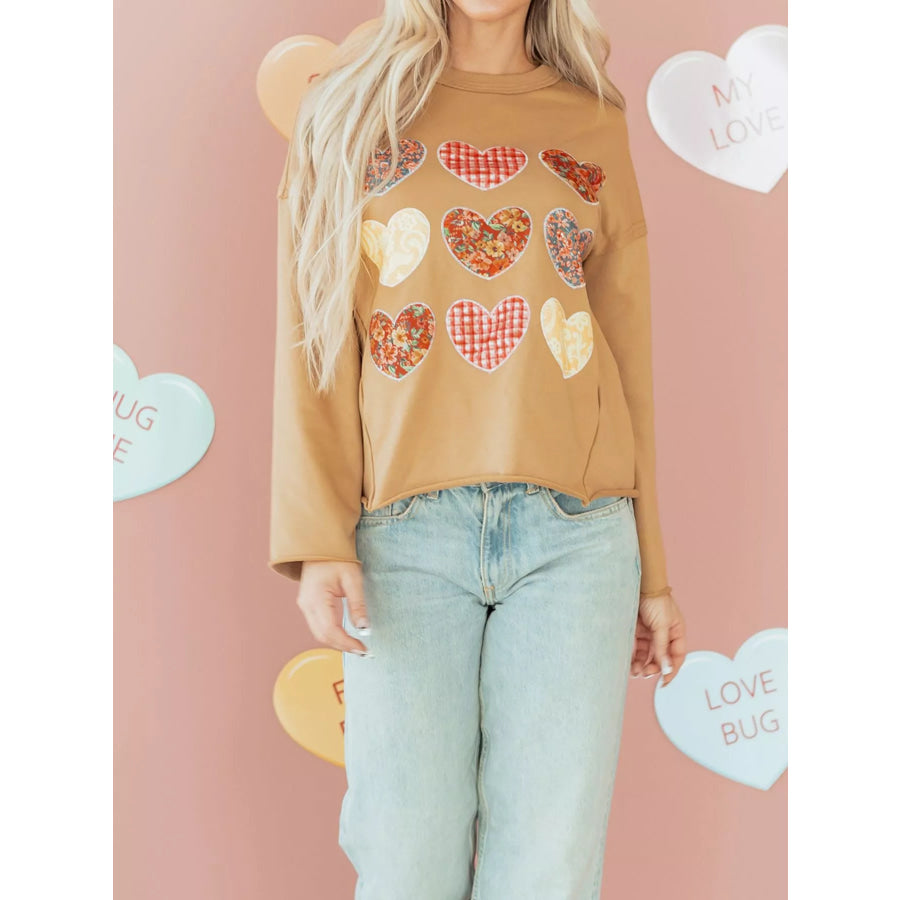 Plaid Floral Heart Stitched Exposed Seam Mineral Wash Sweatshirt Apparel and Accessories