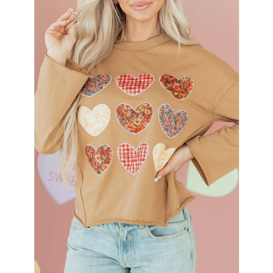 Plaid Floral Heart Stitched Exposed Seam Mineral Wash Sweatshirt Apparel and Accessories