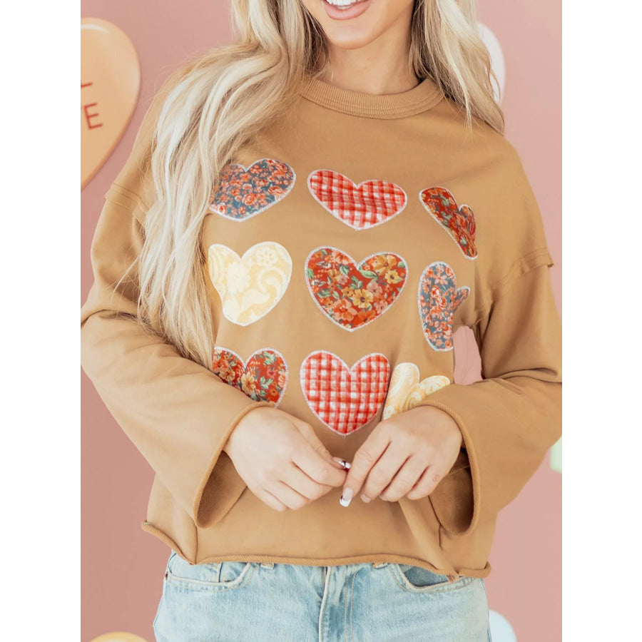 Plaid Floral Heart Stitched Exposed Seam Mineral Wash Sweatshirt Apparel and Accessories