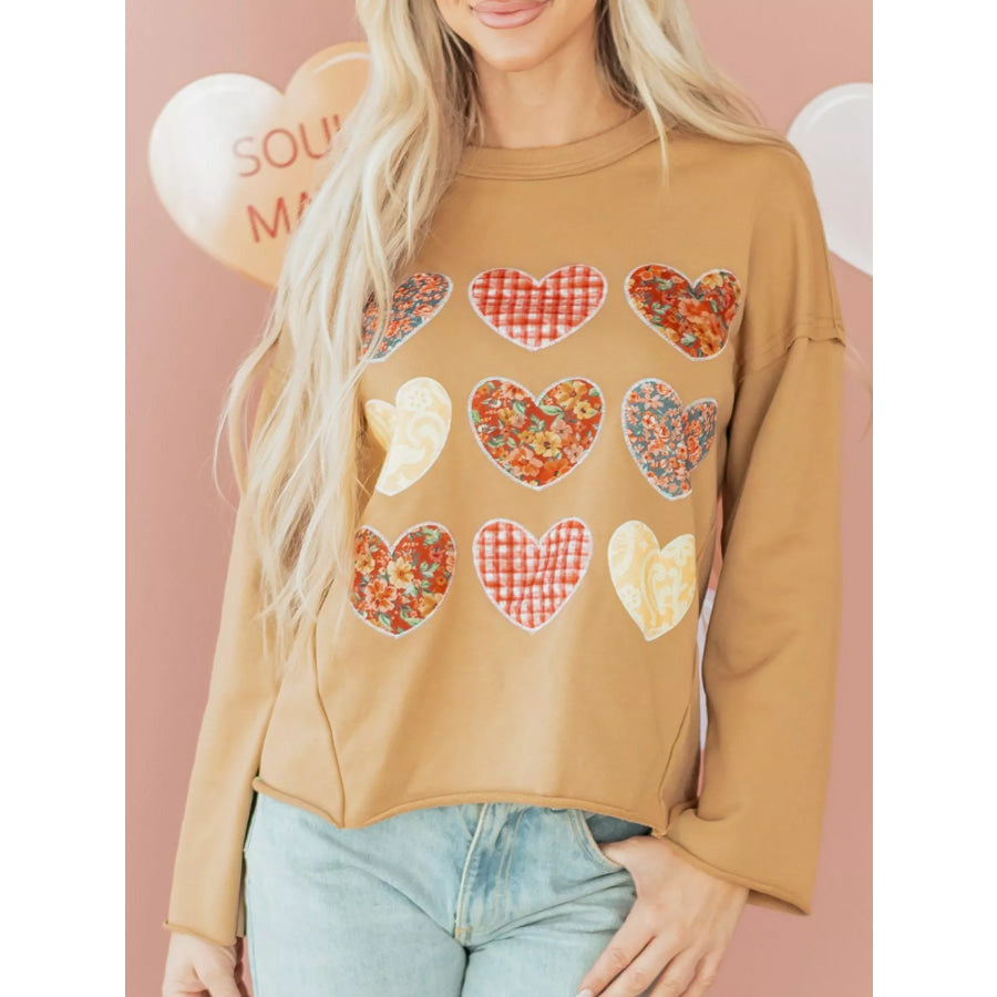 Plaid Floral Heart Stitched Exposed Seam Mineral Wash Sweatshirt Camel / S Apparel and Accessories