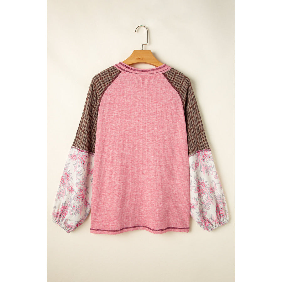 Plaid Floral Patchwork Round Neck Long Sleeve Top Apparel and Accessories