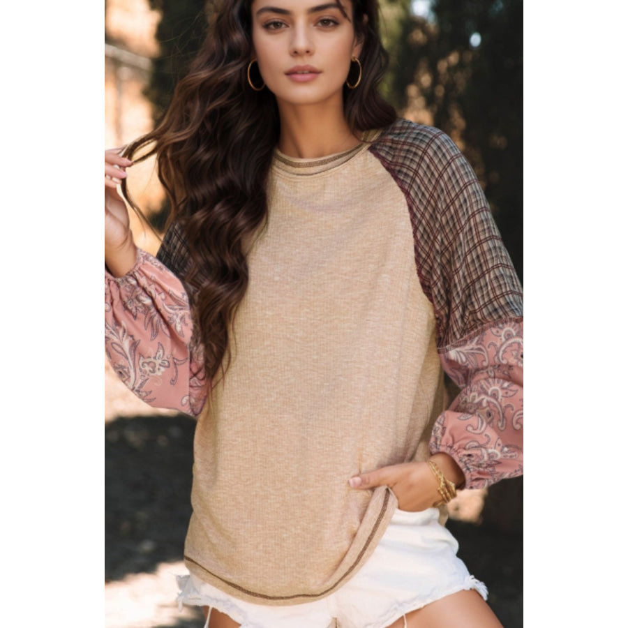 Plaid Floral Patchwork Round Neck Long Sleeve Top Dust Storm / S Apparel and Accessories