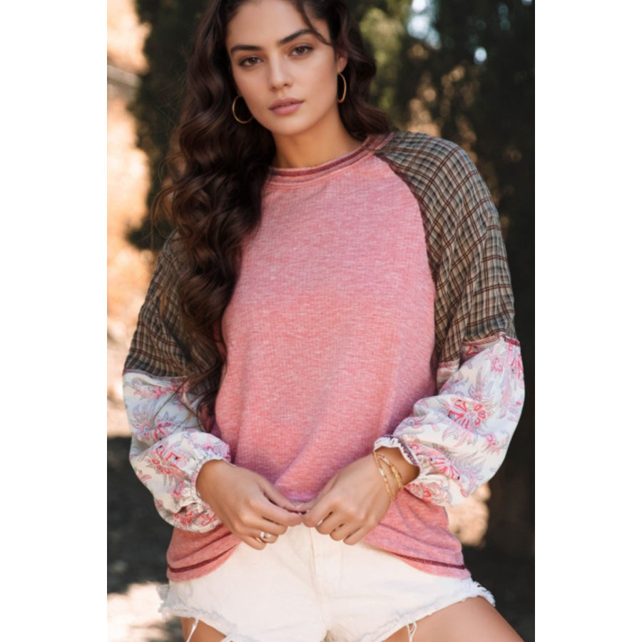 Plaid Floral Patchwork Round Neck Long Sleeve Top Dusty Pink / S Apparel and Accessories