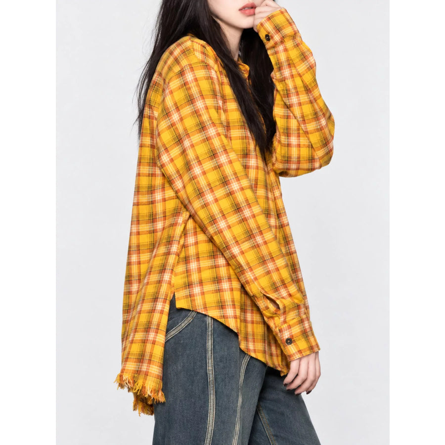 Plaid Frayed Hem Button Up Shirt Apparel and Accessories