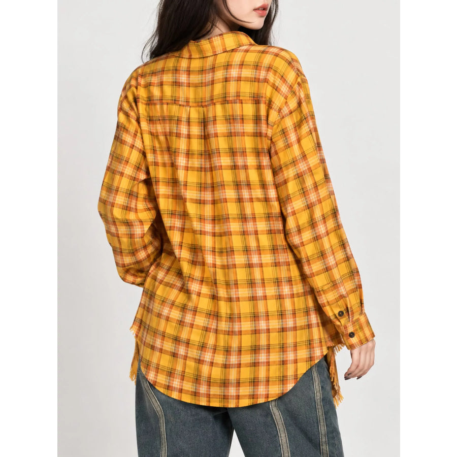 Plaid Frayed Hem Button Up Shirt Apparel and Accessories