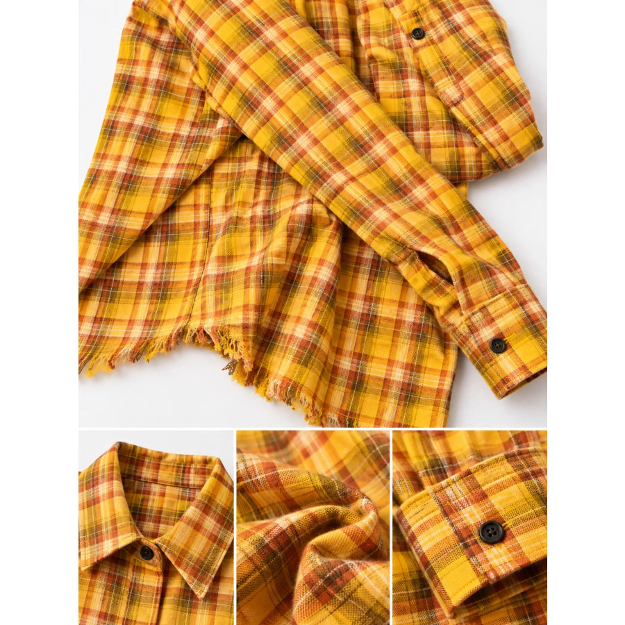 Plaid Frayed Hem Button Up Shirt Apparel and Accessories