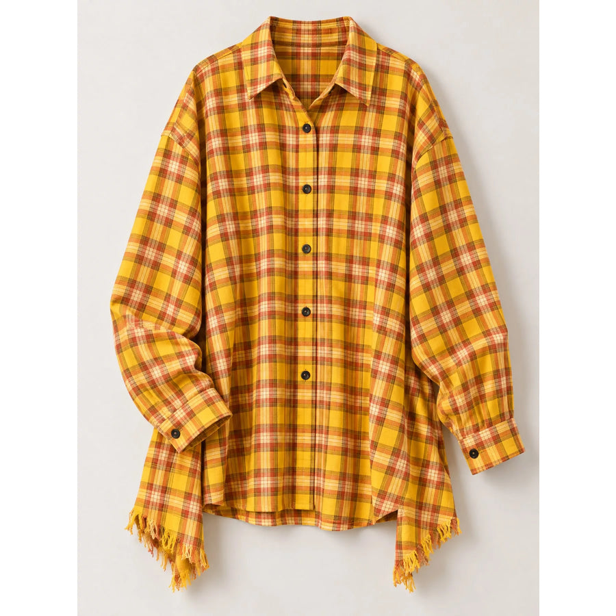 Plaid Frayed Hem Button Up Shirt Apparel and Accessories