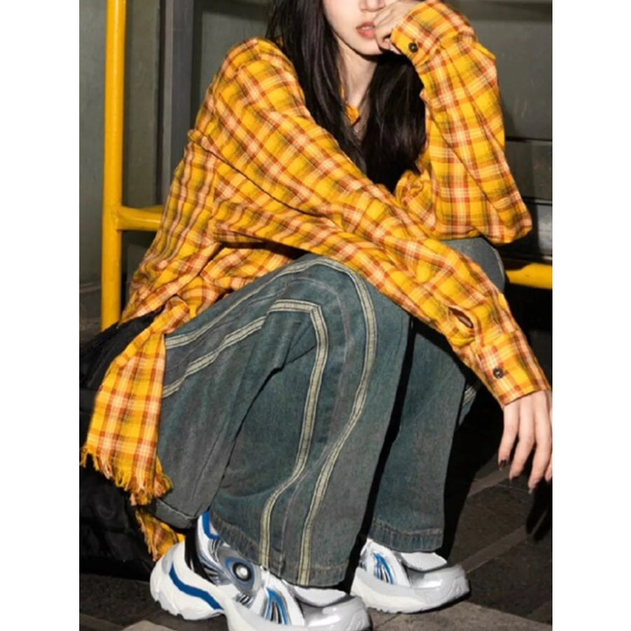 Plaid Frayed Hem Button Up Shirt Yellow / M Apparel and Accessories