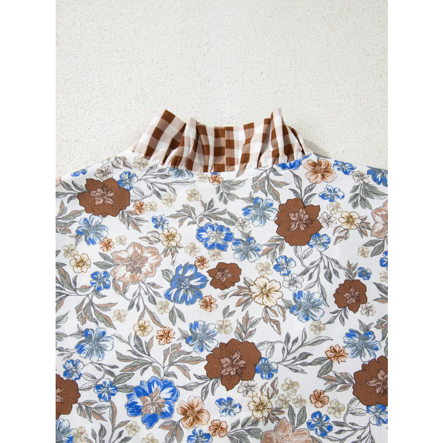 Plaid Frilled Trim V Neck Floral Long Sleeve Blouse Apparel and Accessories