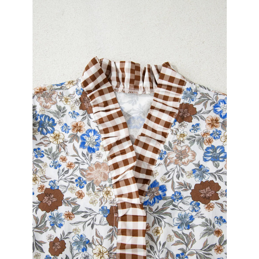 Plaid Frilled Trim V Neck Floral Long Sleeve Blouse Apparel and Accessories