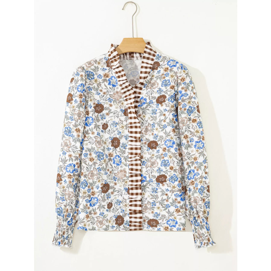 Plaid Frilled Trim V Neck Floral Long Sleeve Blouse Apparel and Accessories