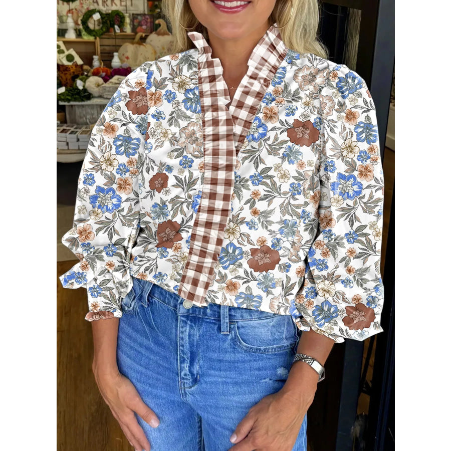 Plaid Frilled Trim V Neck Floral Long Sleeve Blouse Floral / S Apparel and Accessories