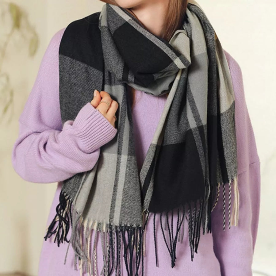 Plaid Fringe Scarf Black Ink / One Size Apparel and Accessories