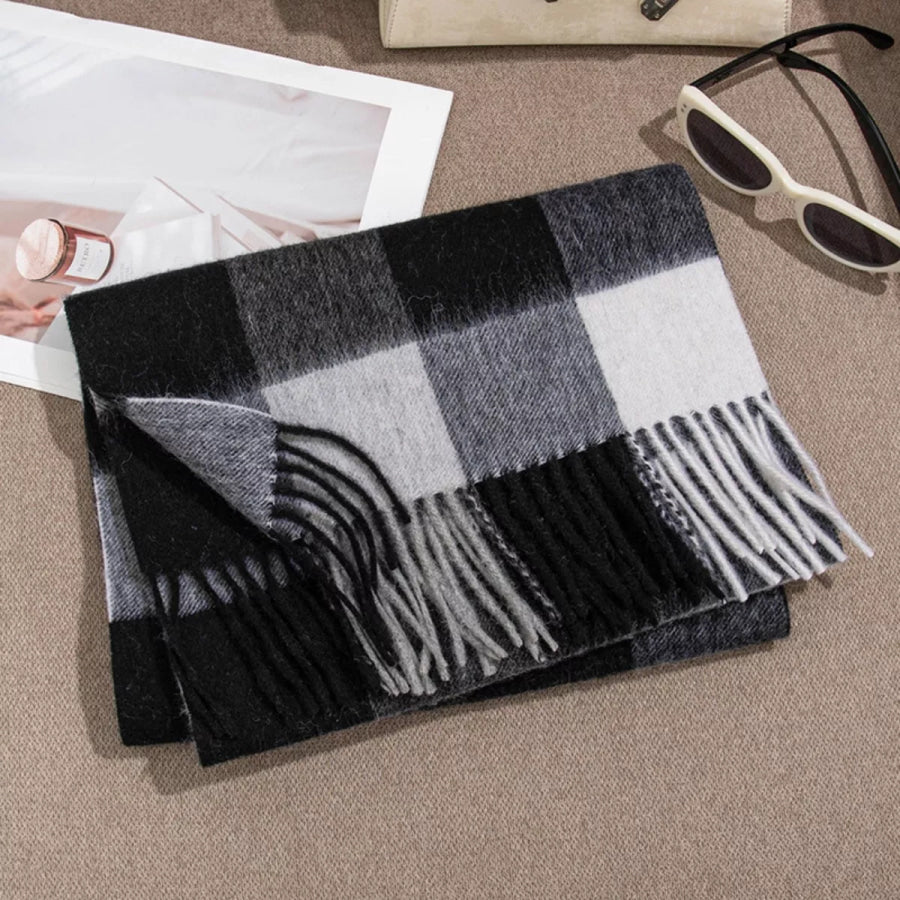 Plaid Fringe Scarf Black / One Size Apparel and Accessories
