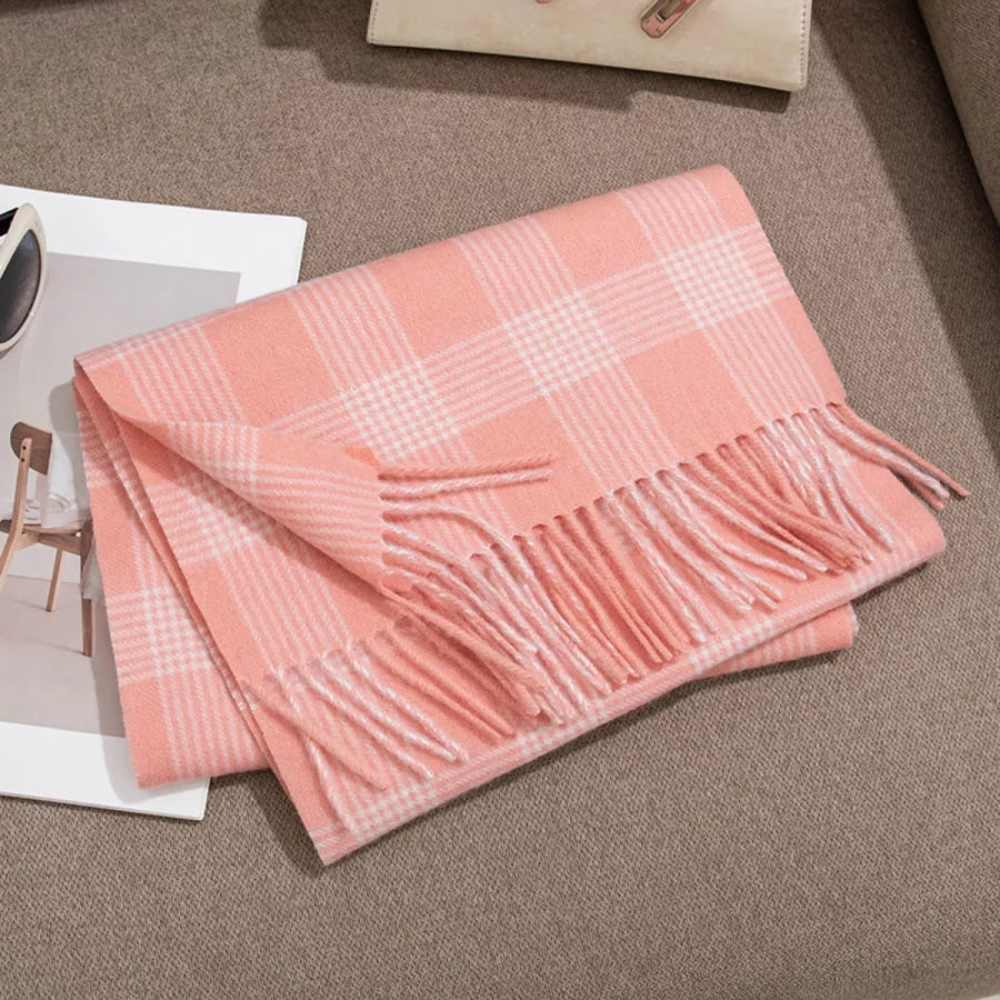 Plaid Fringe Scarf Blush Pink / One Size Apparel and Accessories