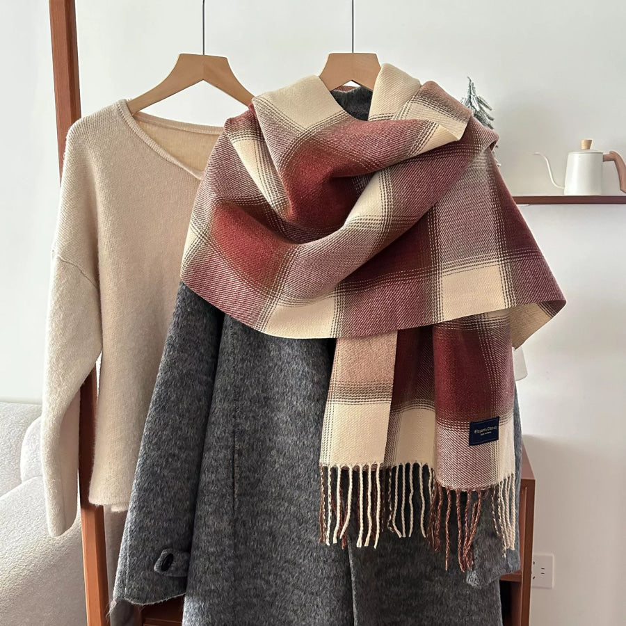 Plaid Fringe Scarf Brown / One Size Apparel and Accessories