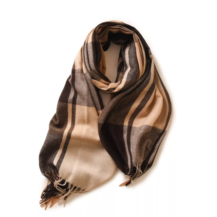 Plaid Fringe Scarf Brown Yellow / One Size Apparel and Accessories