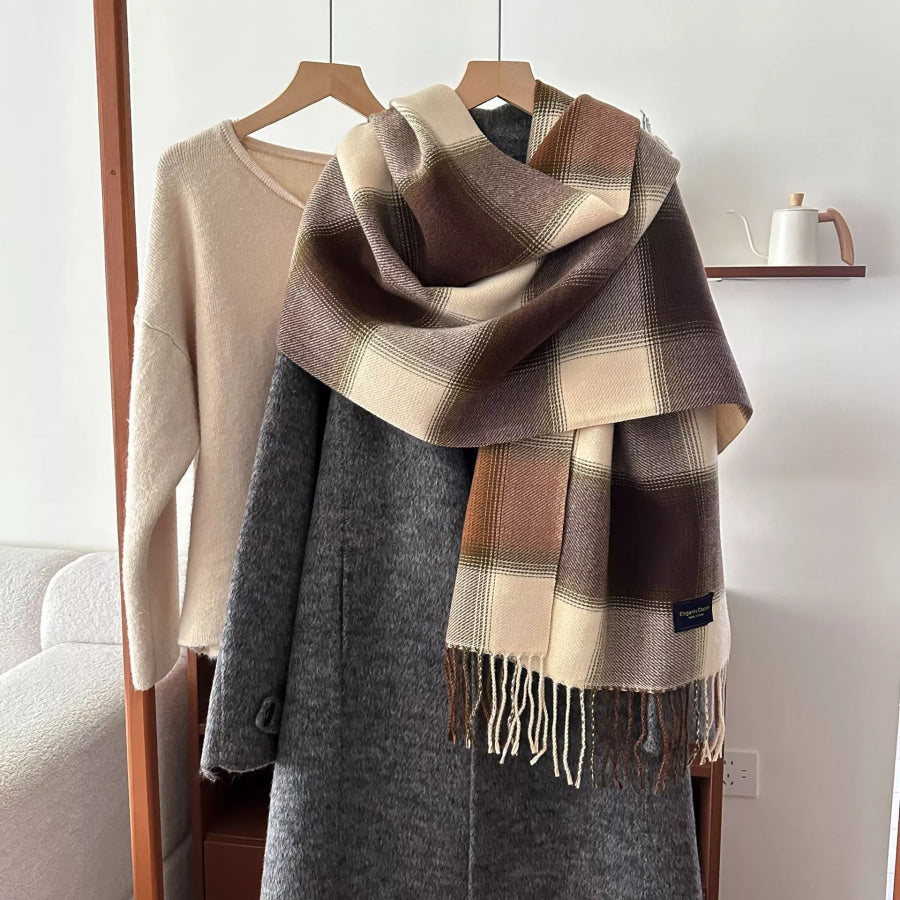 Plaid Fringe Scarf Coffee Brown / One Size Apparel and Accessories