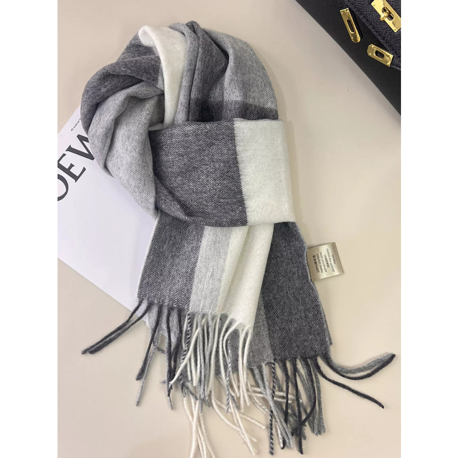 Plaid Fringe Scarf Dark Gray / One Size Apparel and Accessories