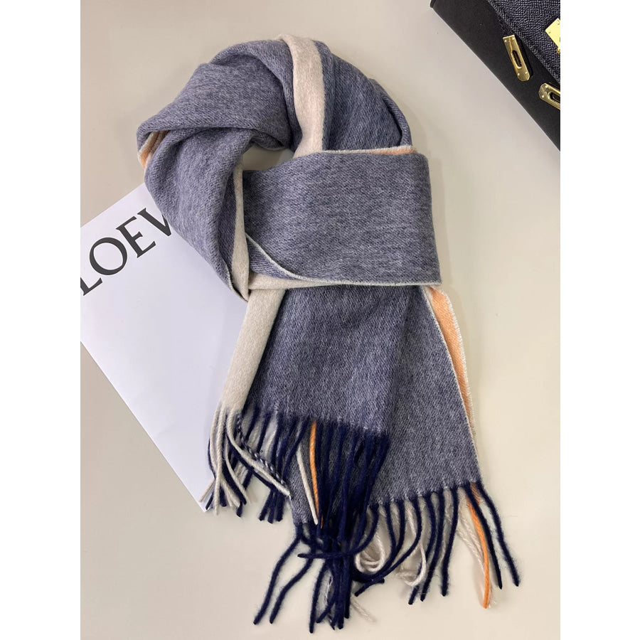 Plaid Fringe Scarf Dusty Blue / One Size Apparel and Accessories