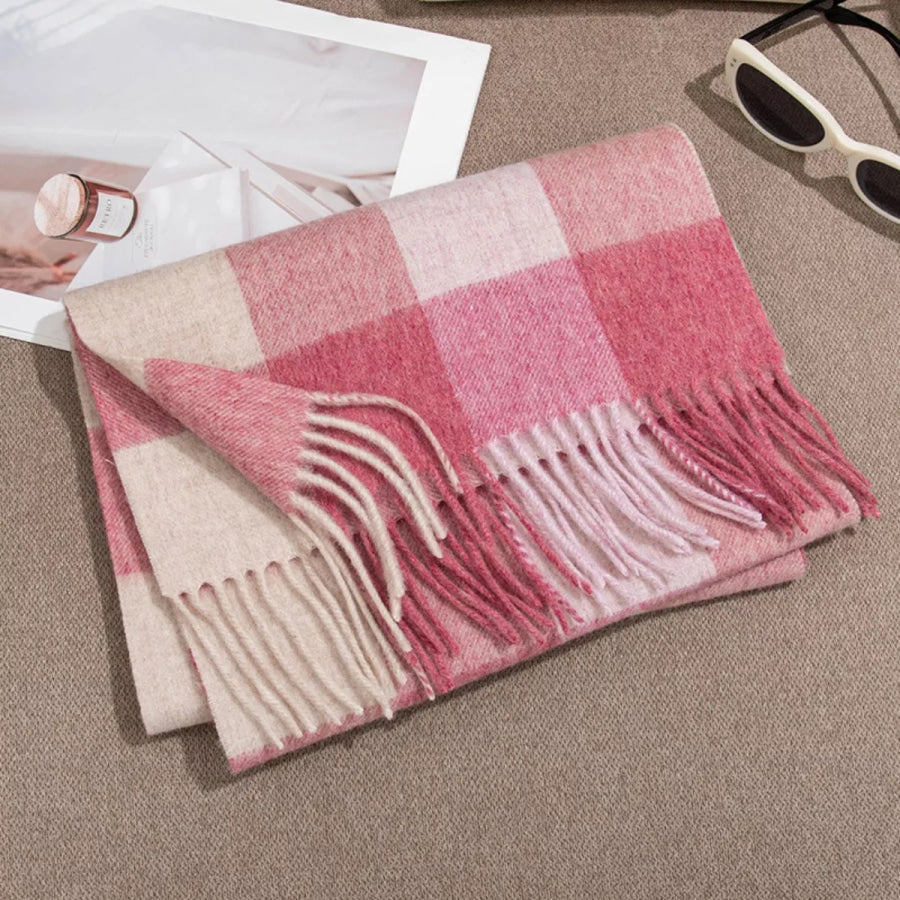 Plaid Fringe Scarf Dusty Pink / One Size Apparel and Accessories