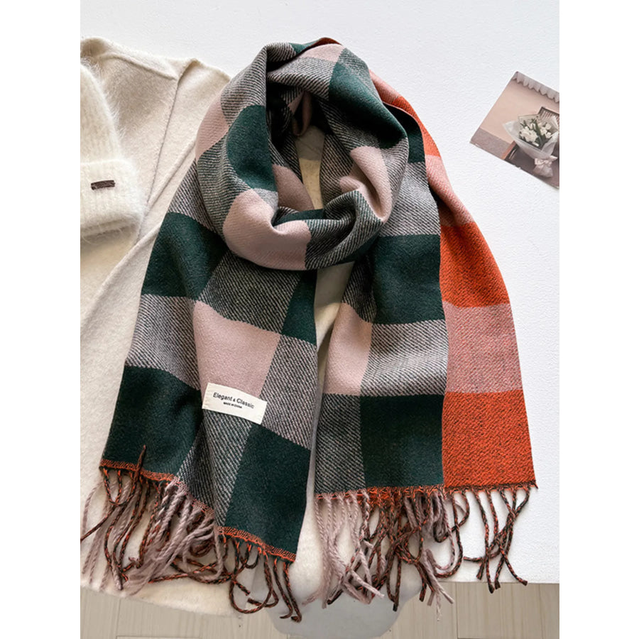 Plaid Fringe Scarf Gray / One Size Apparel and Accessories