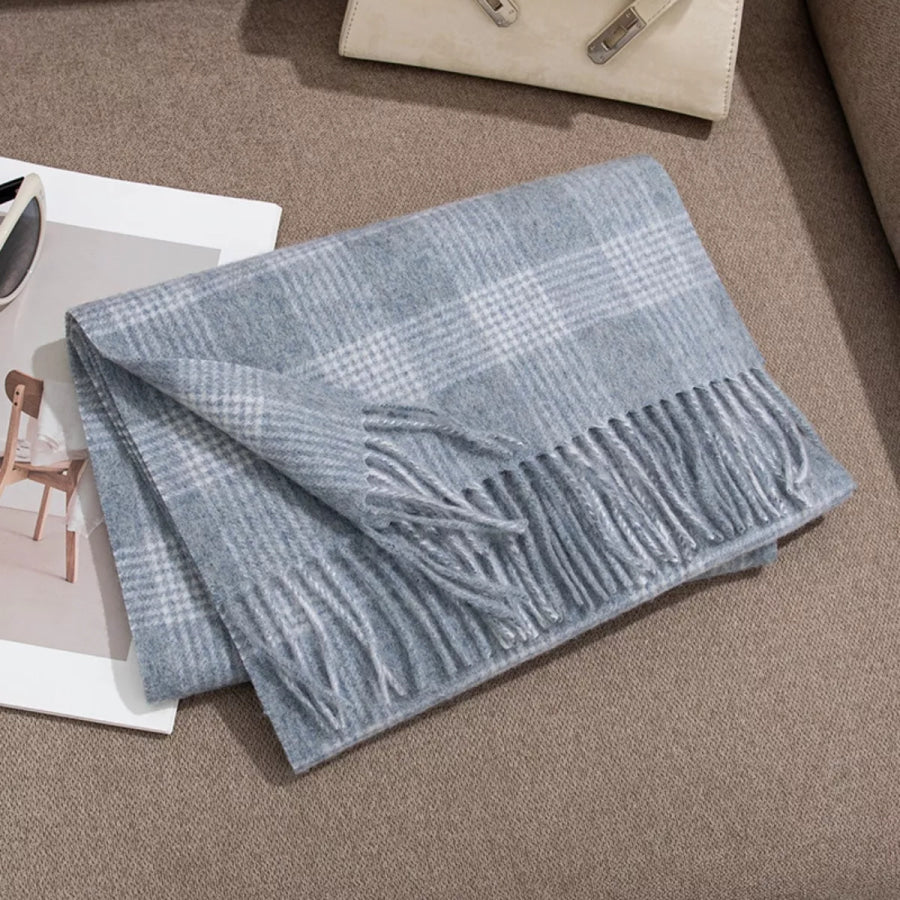 Plaid Fringe Scarf Gray / One Size Apparel and Accessories