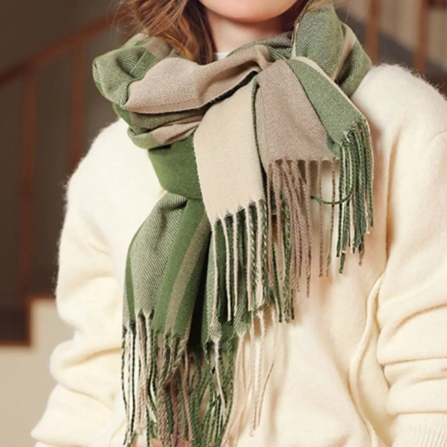 Plaid Fringe Scarf Green / One Size Apparel and Accessories