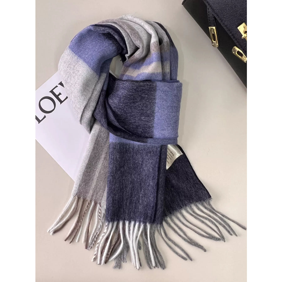 Plaid Fringe Scarf Indigo / One Size Apparel and Accessories
