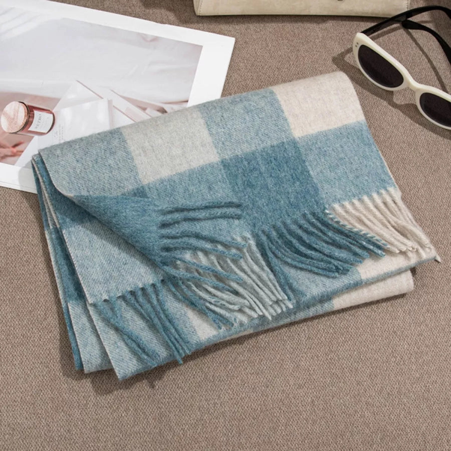 Plaid Fringe Scarf Light Blue / One Size Apparel and Accessories