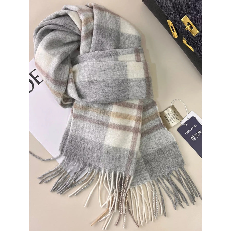 Plaid Fringe Scarf Light Gray / One Size Apparel and Accessories