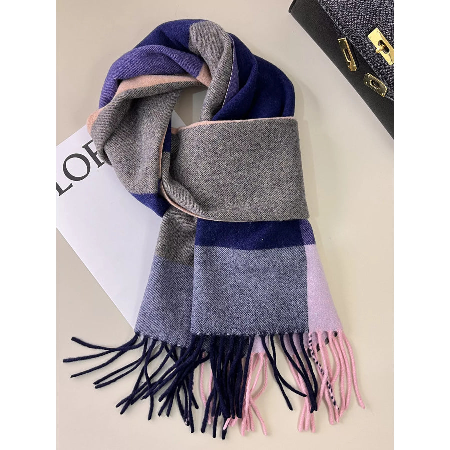 Plaid Fringe Scarf Light Indigo / One Size Apparel and Accessories