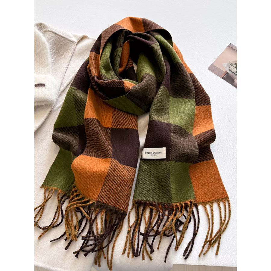 Plaid Fringe Scarf Military Green / One Size Apparel and Accessories