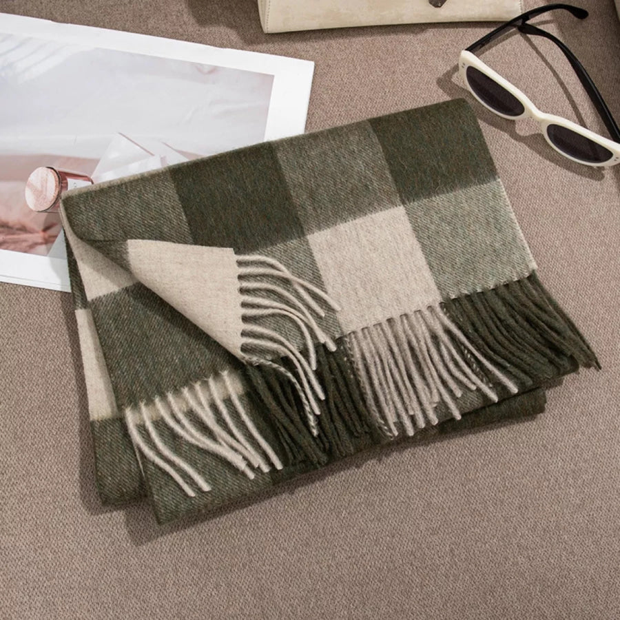 Plaid Fringe Scarf Moss / One Size Apparel and Accessories