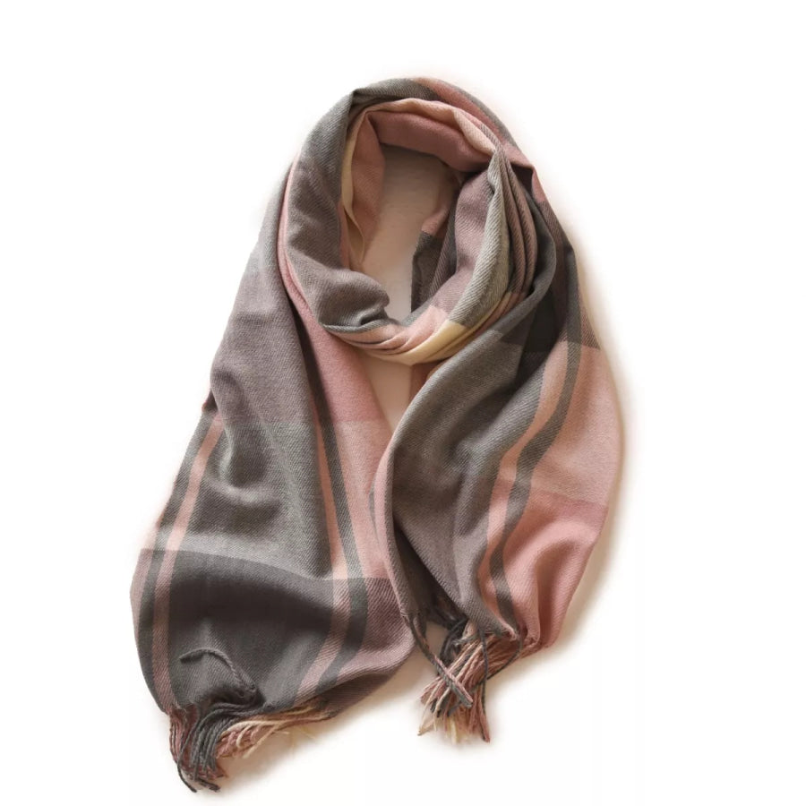 Plaid Fringe Scarf Pink Blue / One Size Apparel and Accessories