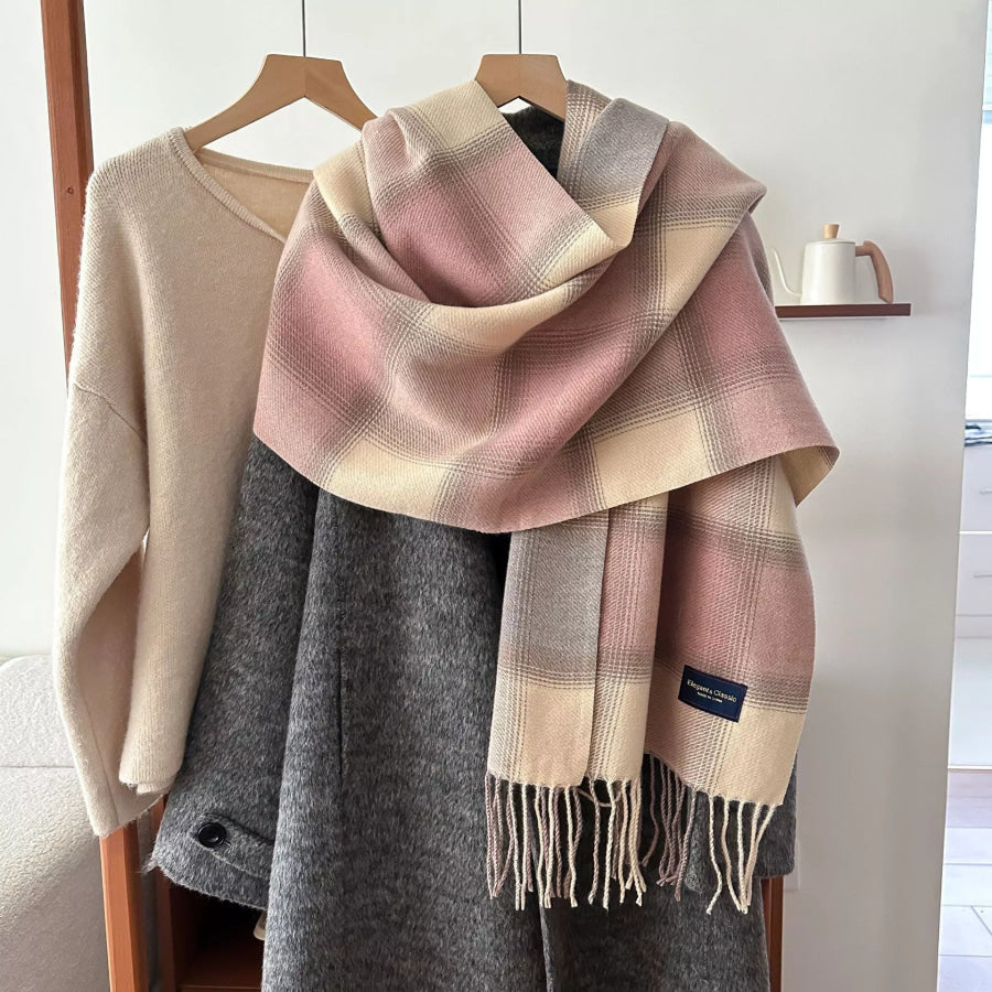 Plaid Fringe Scarf Pink / One Size Apparel and Accessories