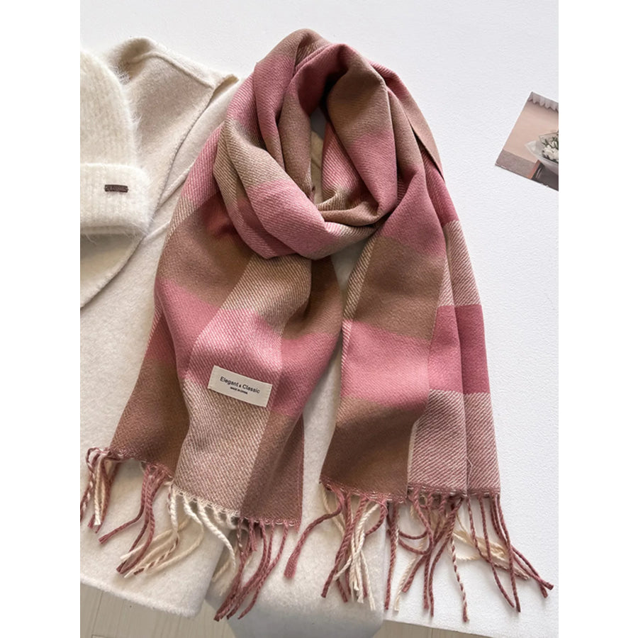 Plaid Fringe Scarf Pink / One Size Apparel and Accessories