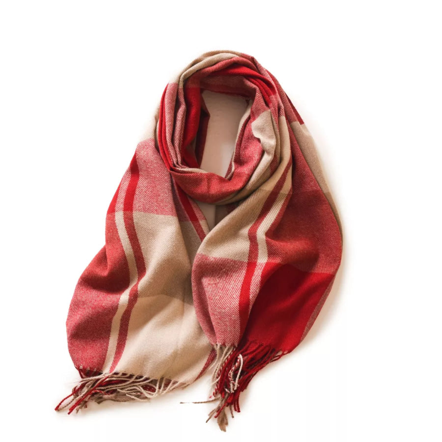 Plaid Fringe Scarf Red / One Size Apparel and Accessories