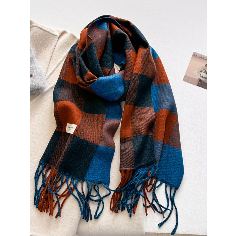Plaid Fringe Scarf Reddish Brown / One Size Apparel and Accessories
