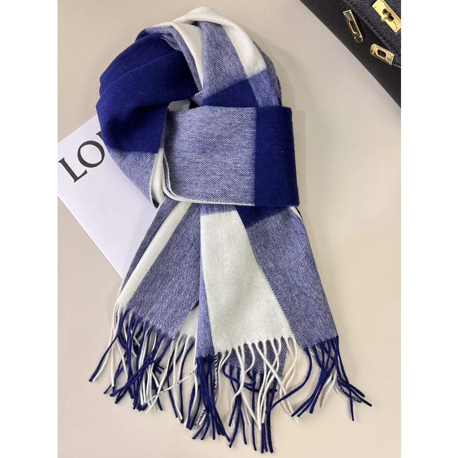 Plaid Fringe Scarf Royal Blue / One Size Apparel and Accessories