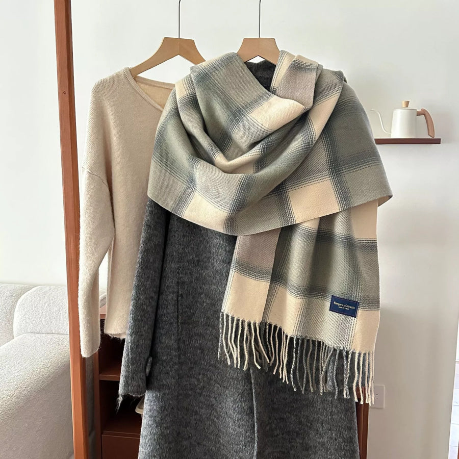 Plaid Fringe Scarf Sage / One Size Apparel and Accessories
