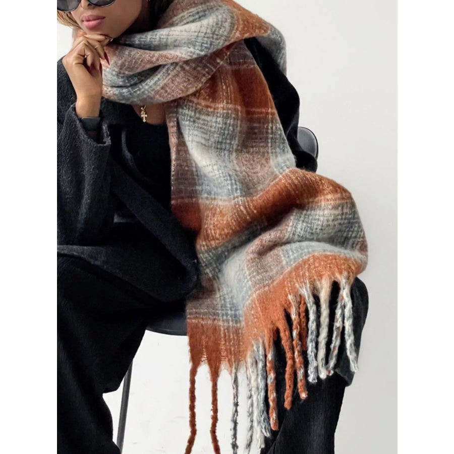 Plaid Fringe Scarf Sherbet / One Size Apparel and Accessories